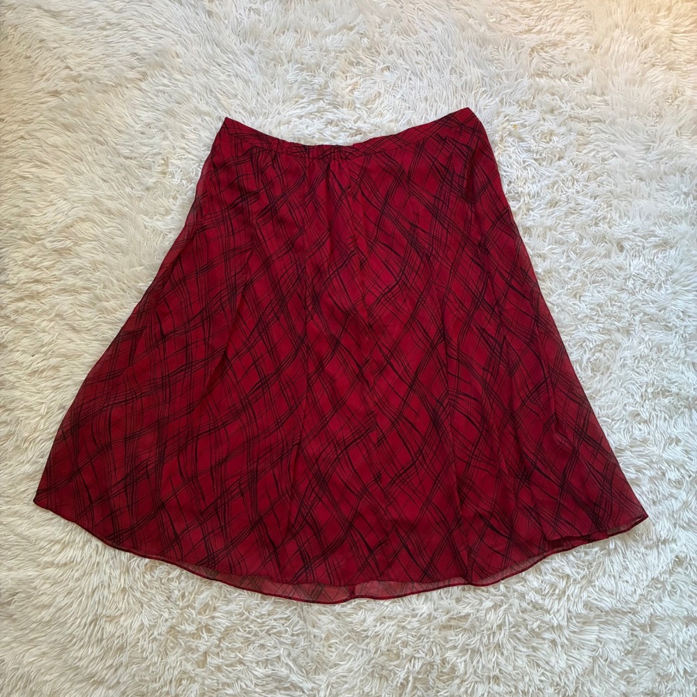 Red Black Abstract Print Lightweight Sheer Chiffon Midi Skirt Plus 22W A-Line